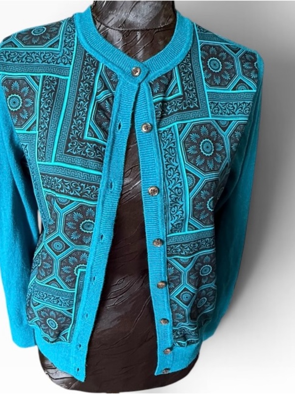 Ann Taylor Petite LP Teal Geometric Print Cardigan